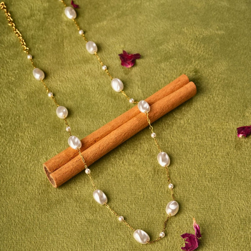 18 KT Gold Plated Set of 2 Stainless Steel Dainty Freshwater Pearl Rolo Necklace & Bracelet, Margot & Margerie