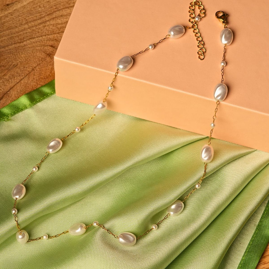 18 KT Gold Plated Stainless Steel Dainty Rolo Chain Freshwater Pearl Necklace, Margot