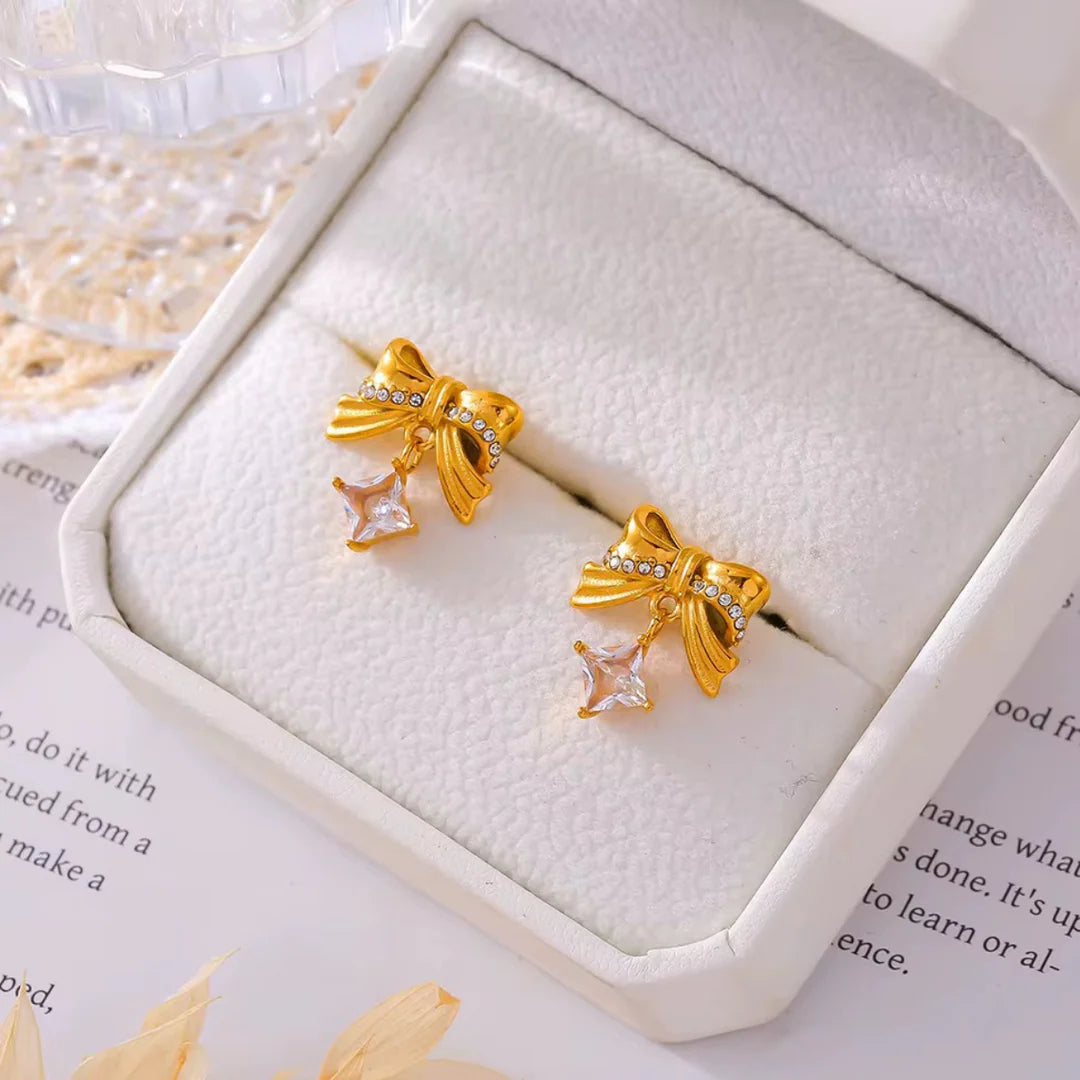 18KT Gold Plated Statement Bowtie and rhinestone Stainless Steel Waterproof Earrings, Mehar