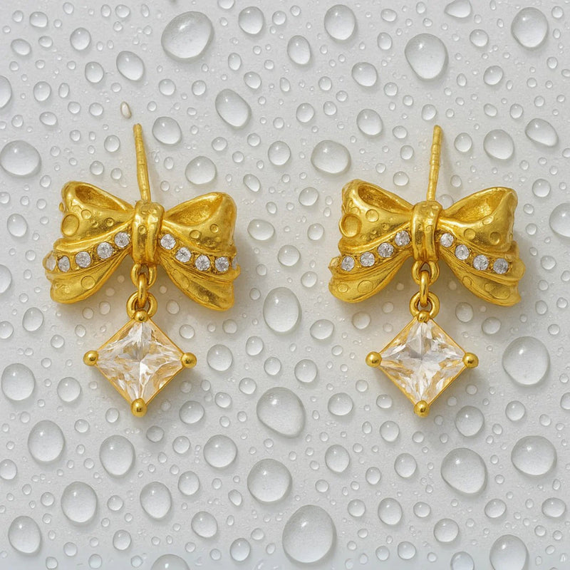 18KT Gold Plated Statement Bowtie and rhinestone Stainless Steel Waterproof Earrings, Mehar