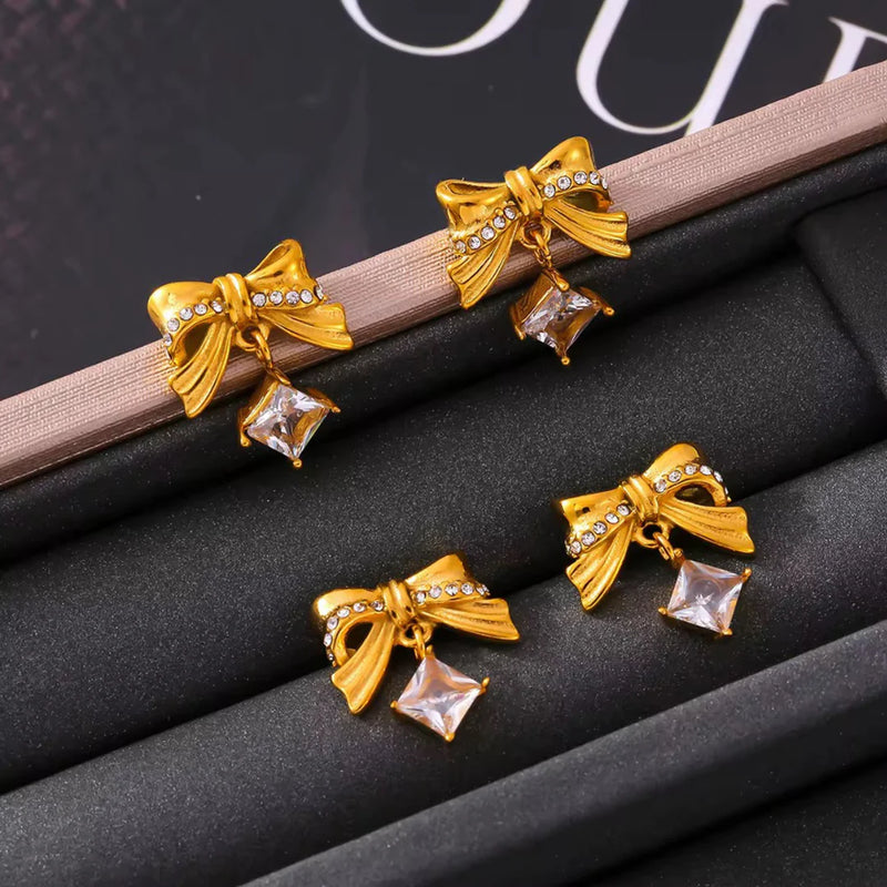 18KT Gold Plated Statement Bowtie and rhinestone Stainless Steel Waterproof Earrings, Mehar