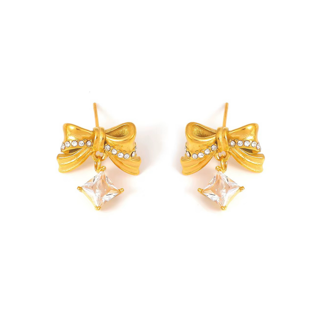 18KT Gold Plated Statement Bowtie and rhinestone Stainless Steel Waterproof Earrings, Mehar