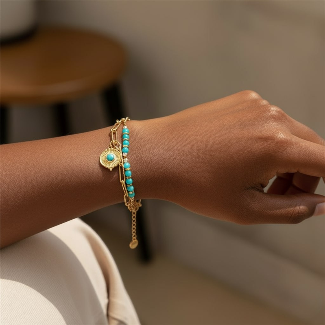 Mermaid Bracelet, 18KT Gold Plated Stainless Steel Boho Layered Natural Stone & Sun Charm Beaded Paperclip Bracelet