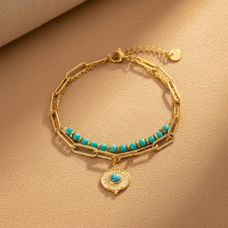 Mermaid Bracelet, 18KT Gold Plated Stainless Steel Boho Layered Natural Stone & Sun Charm Beaded Paperclip Bracelet