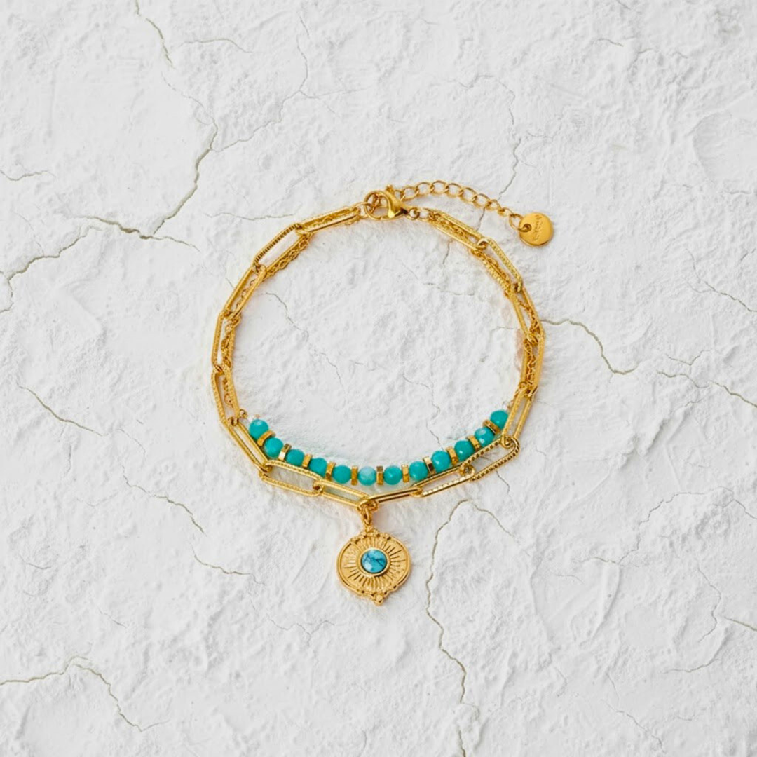 Mermaid Bracelet, 18KT Gold Plated Stainless Steel Boho Layered Natural Stone & Sun Charm Beaded Paperclip Bracelet
