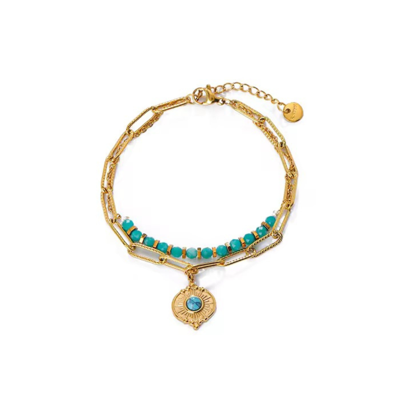Mermaid Bracelet, 18KT Gold Plated Stainless Steel Boho Layered Natural Stone & Sun Charm Beaded Paperclip Bracelet