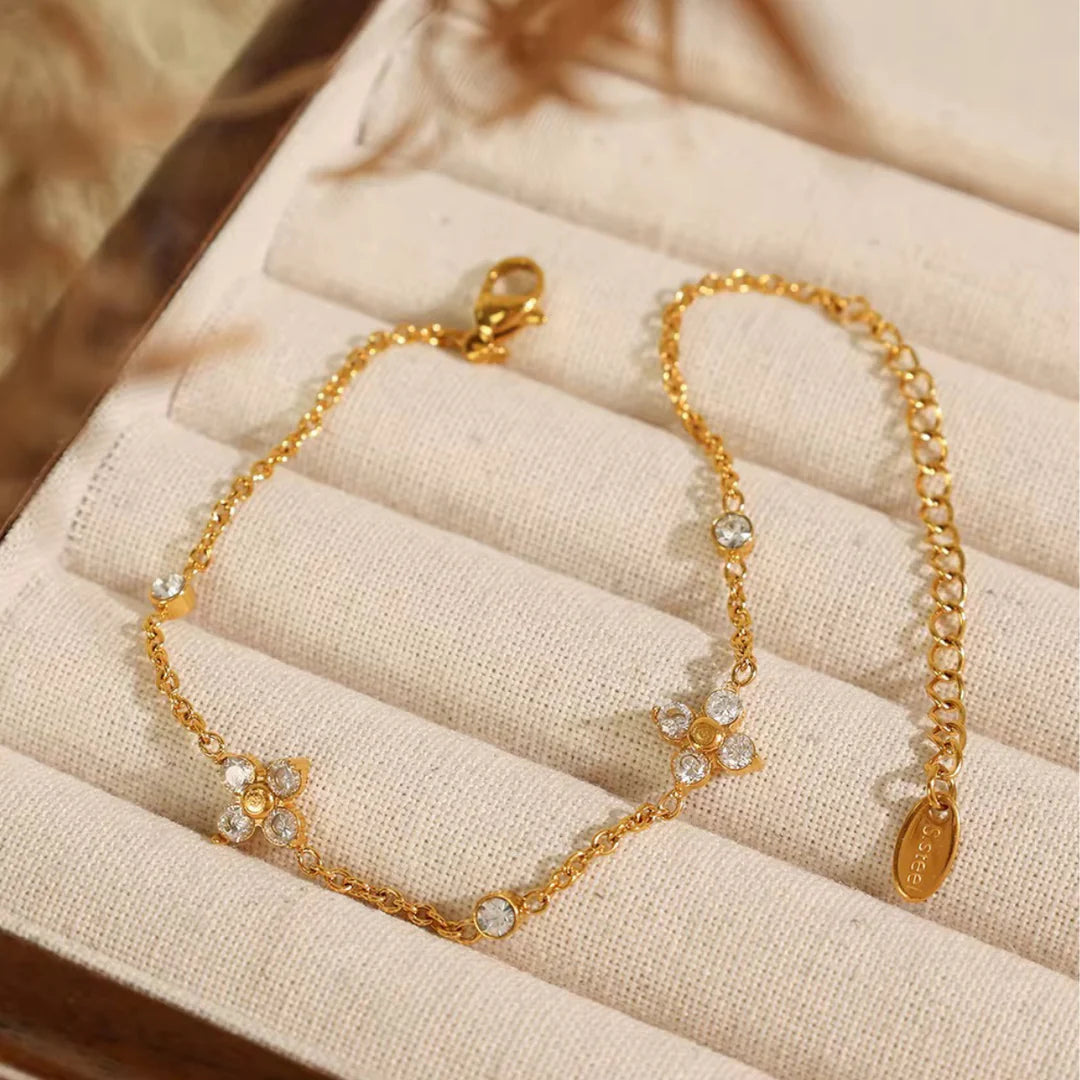 18kt gold plated minimal flower and zircon stainless steel waterproof bracelet, mirahi