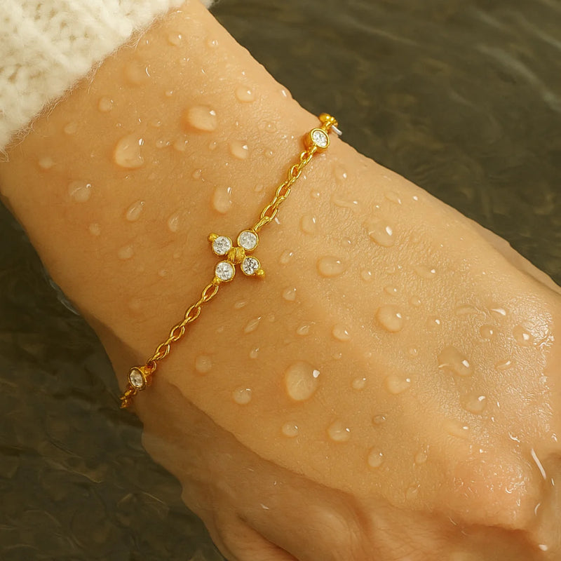 18KT Gold Plated Minimal Flower and Zircon Stainless Steel Waterproof Bracelet, Mirahi