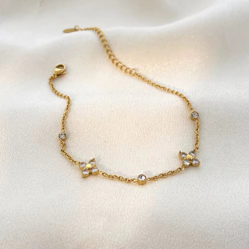 18KT Gold Plated Minimal Flower and Zircon Stainless Steel Waterproof Bracelet, Mirahi