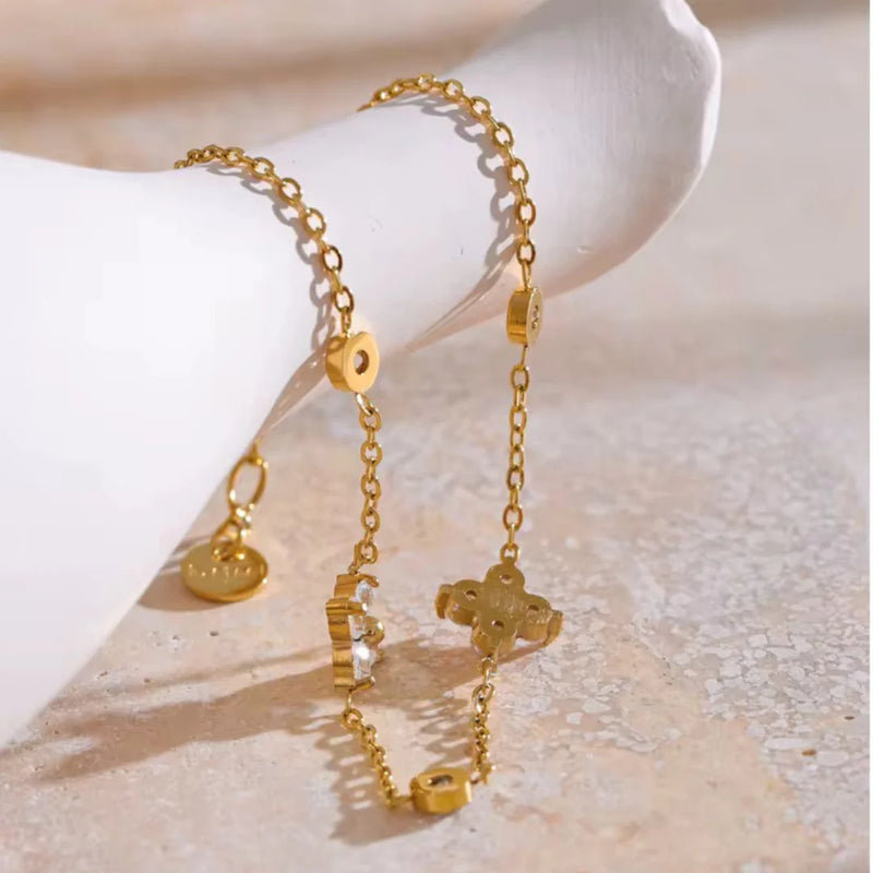 18KT Gold Plated Minimal Flower and Zircon Stainless Steel Waterproof Bracelet, Mirahi