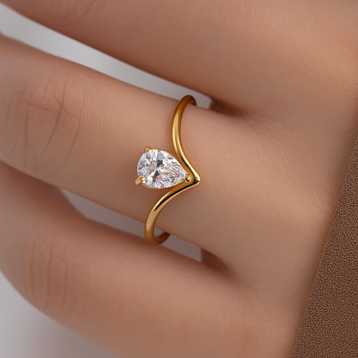 Inaya modern festive 18kt gold plated teardrop v shaped zircon finger ring, miraya
