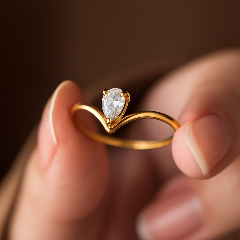 Inaya Modern Festive 18KT Gold Plated Teardrop V Shaped Zircon Finger Ring, Miraya