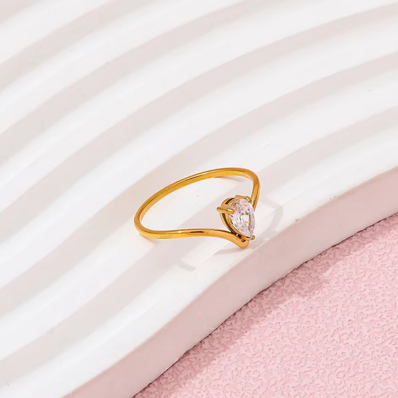 Inaya Modern Festive 18KT Gold Plated Teardrop V Shaped Zircon Finger Ring, Miraya