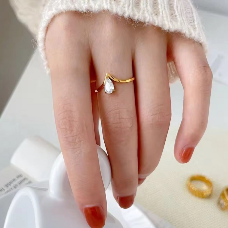 Inaya Modern Festive 18KT Gold Plated Teardrop V Shaped Zircon Finger Ring, Miraya
