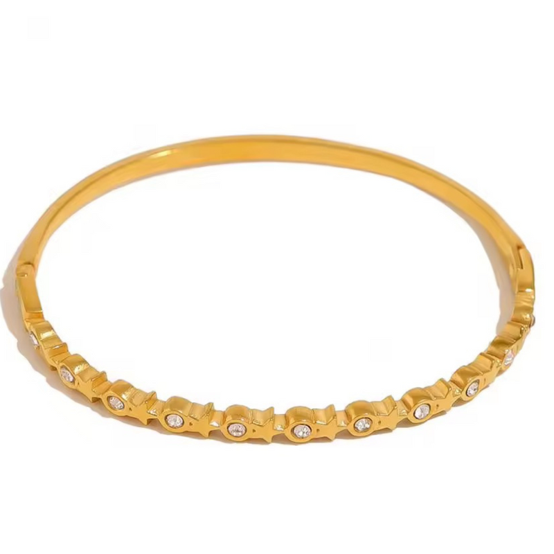 Inaya Modern Festive 18KT Gold Plated Unique Iced Out Star and Round Zircon Cuff Bracelet, Molly