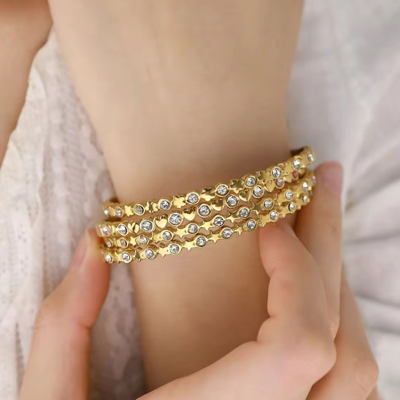 Inaya Modern Festive 18KT Gold Plated Unique Iced Out Star and Round Zircon Cuff Bracelet, Molly