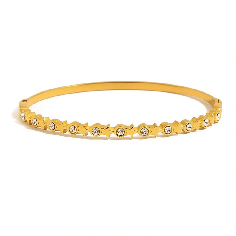 Inaya Modern Festive 18KT Gold Plated Unique Iced Out Star and Round Zircon Cuff Bracelet, Molly
