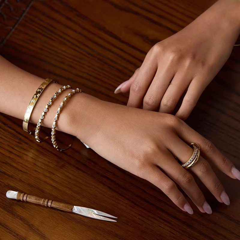 Inaya Modern Festive 18KT Gold Plated Unique Iced Out Star and Round Zircon Cuff Bracelet, Molly