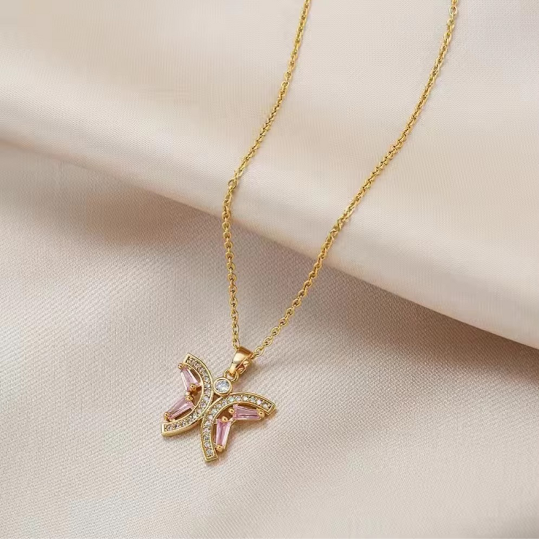 18KT Gold Plated Pink Butterfly Stainless Steel Waterproof Pendant Necklace, Monarch