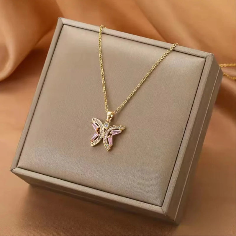 18KT Gold Plated Pink Butterfly Stainless Steel Waterproof Pendant Necklace, Monarch