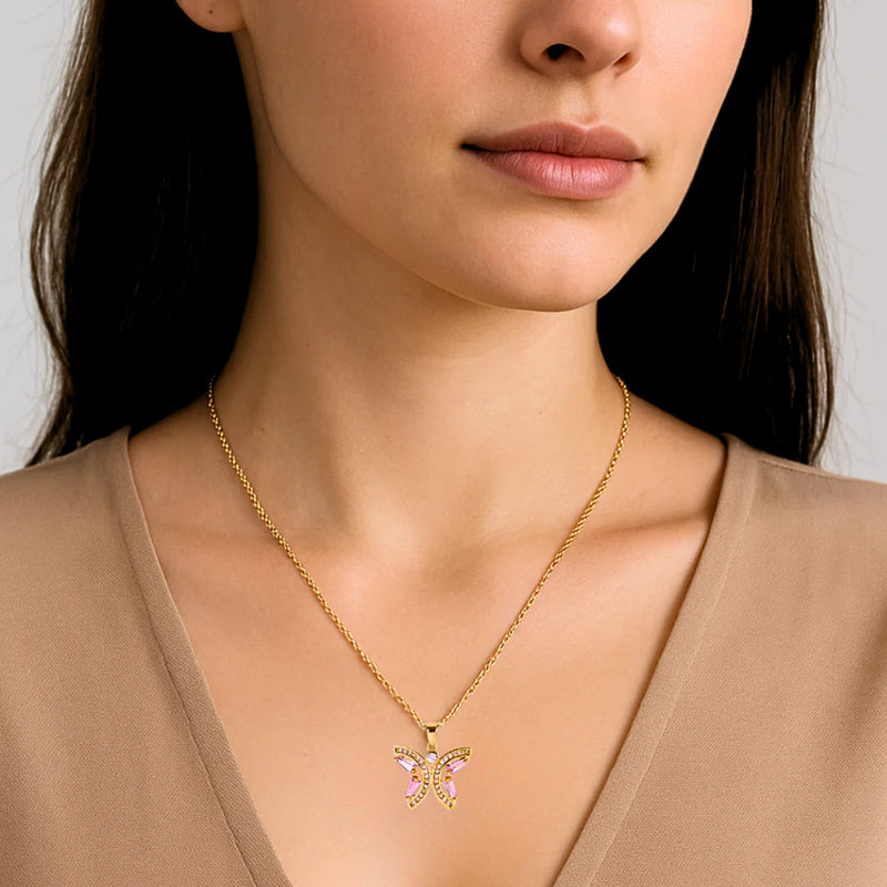 18KT Gold Plated Pink Butterfly Stainless Steel Waterproof Pendant Necklace, Monarch