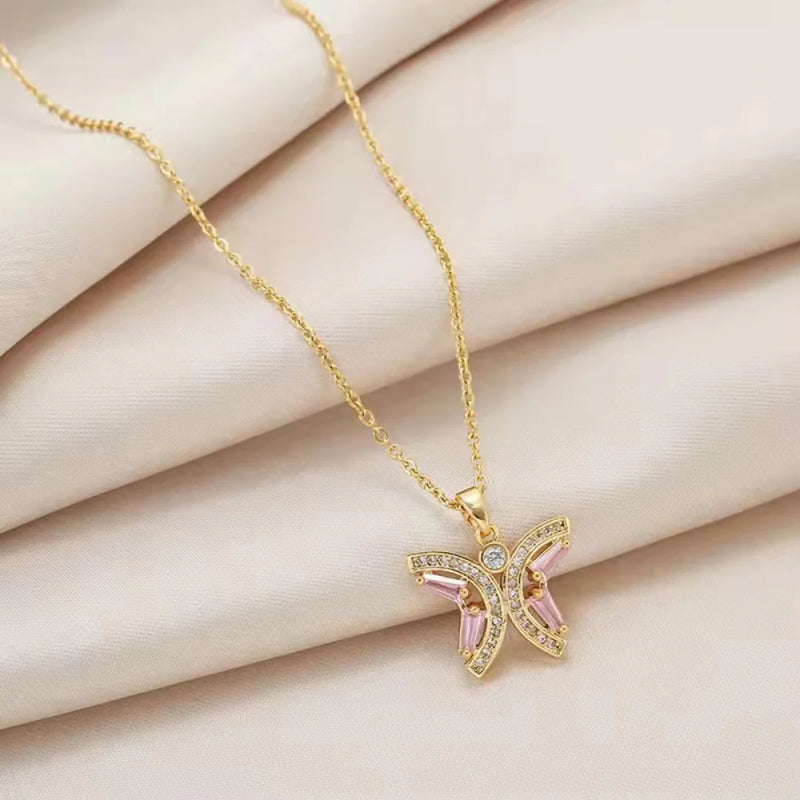 18KT Gold Plated Pink Butterfly Stainless Steel Waterproof Pendant Necklace, Monarch