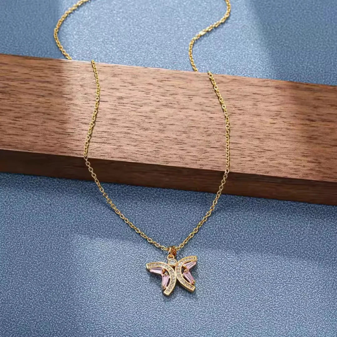 18kt gold plated pink butterfly stainless steel waterproof pendant necklace, monarch