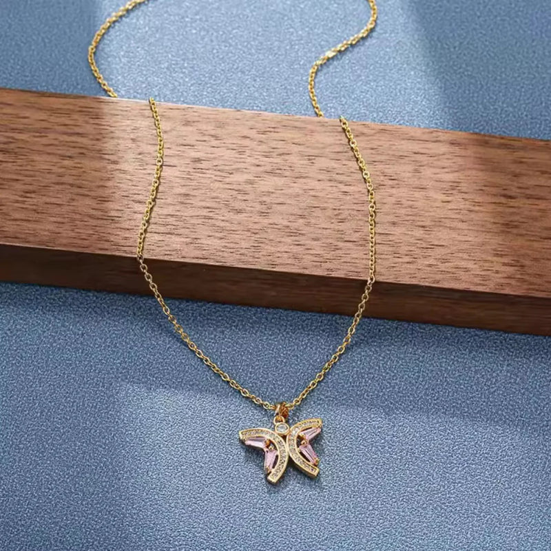 18KT Gold Plated Pink Butterfly Stainless Steel Waterproof Pendant Necklace, Monarch