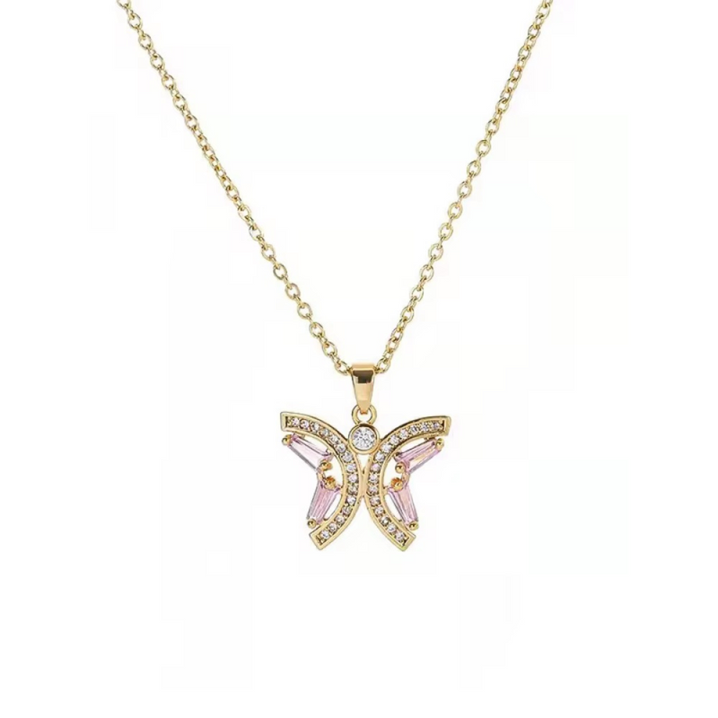 18KT Gold Plated Pink Butterfly Stainless Steel Waterproof Pendant Necklace, Monarch