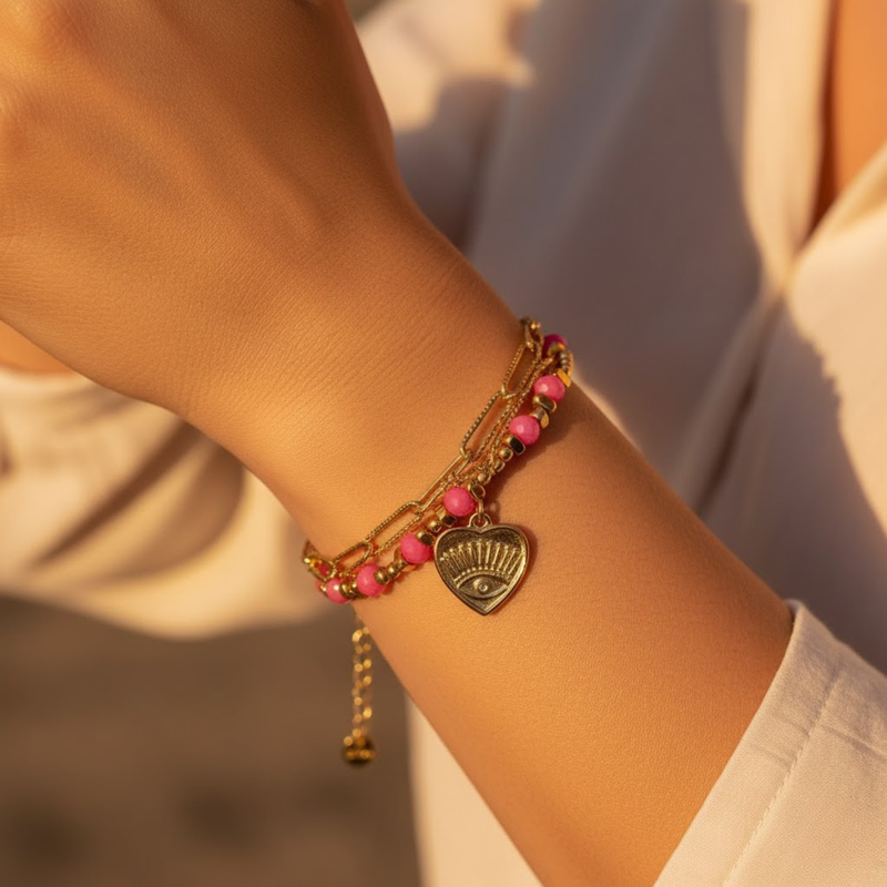 Muse Bracelet, 18KT Gold Plated Stainless Steel Pink Boho Layered Natural Stone & Heart charm Beaded Paperclip Bracelet