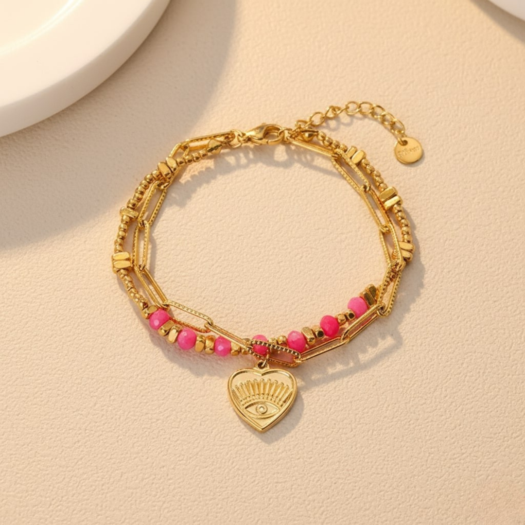Muse Bracelet, 18KT Gold Plated Stainless Steel Pink Boho Layered Natural Stone & Heart charm Beaded Paperclip Bracelet