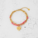 Load image into Gallery viewer, Muse Bracelet, 18KT Gold Plated Stainless Steel Pink Boho Layered Natural Stone &amp; Heart charm Beaded Paperclip Bracelet
