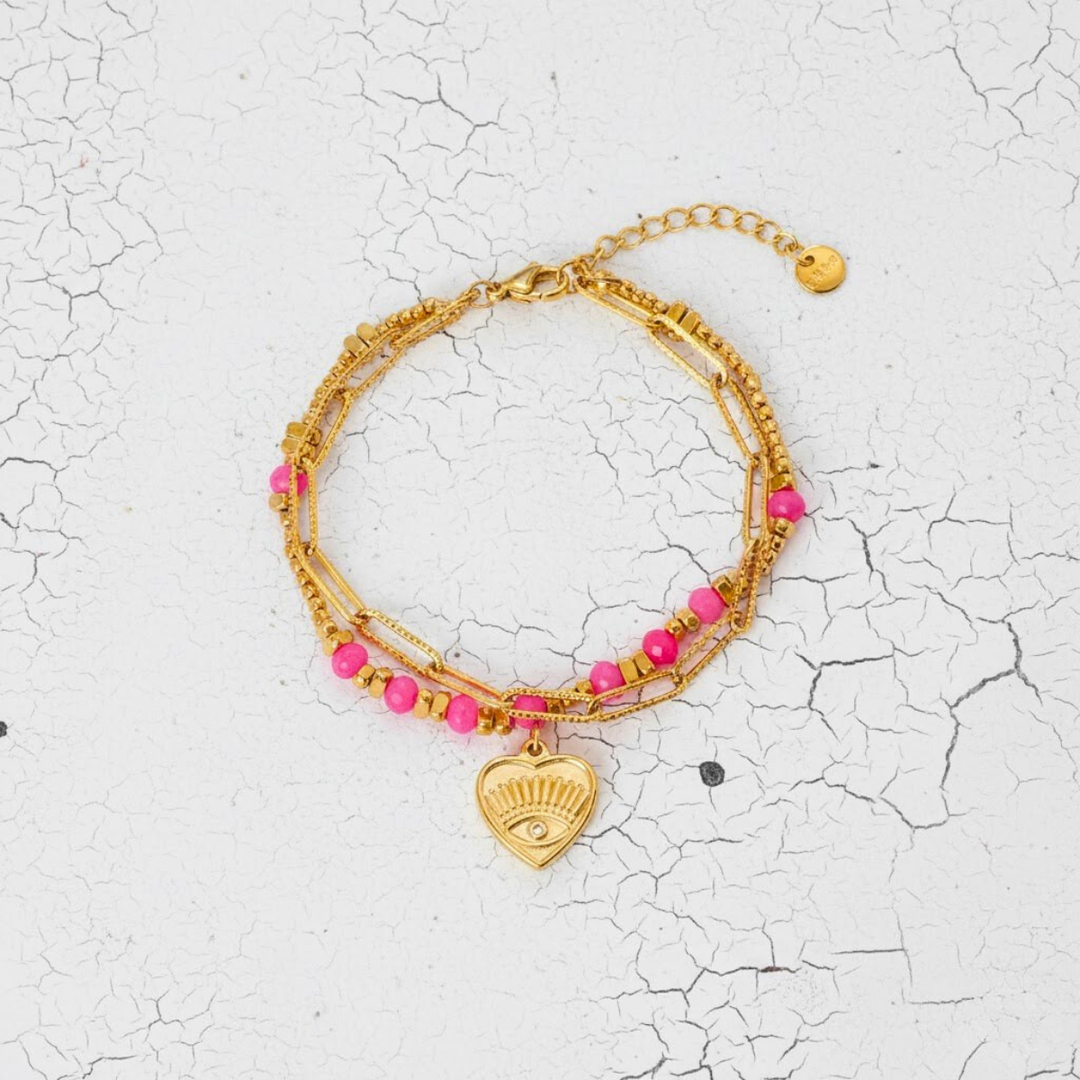Muse Bracelet, 18KT Gold Plated Stainless Steel Pink Boho Layered Natural Stone & Heart charm Beaded Paperclip Bracelet