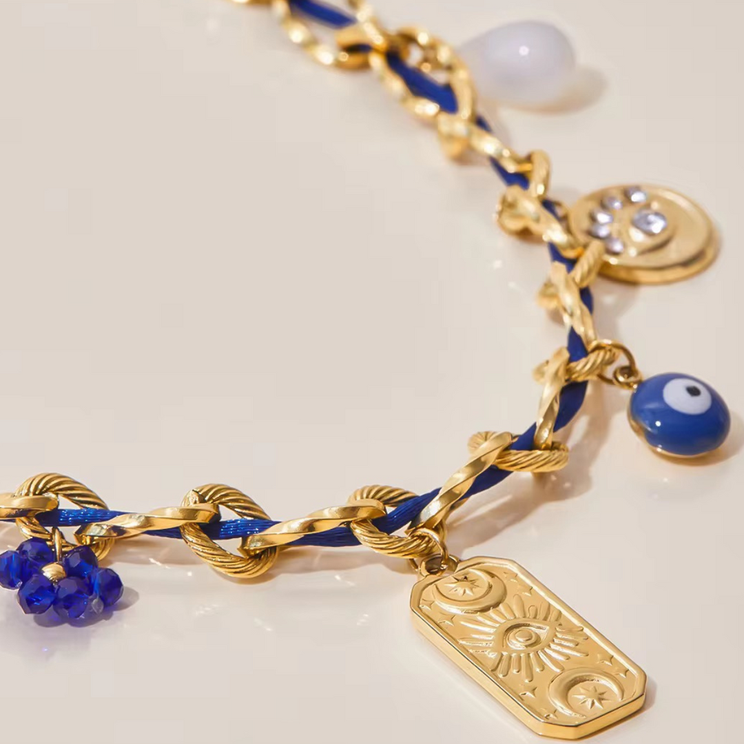 Inaya Modern Festive 18KT Gold Plated Cord Chain & Threaded Evil Eye Necklace, Nazar