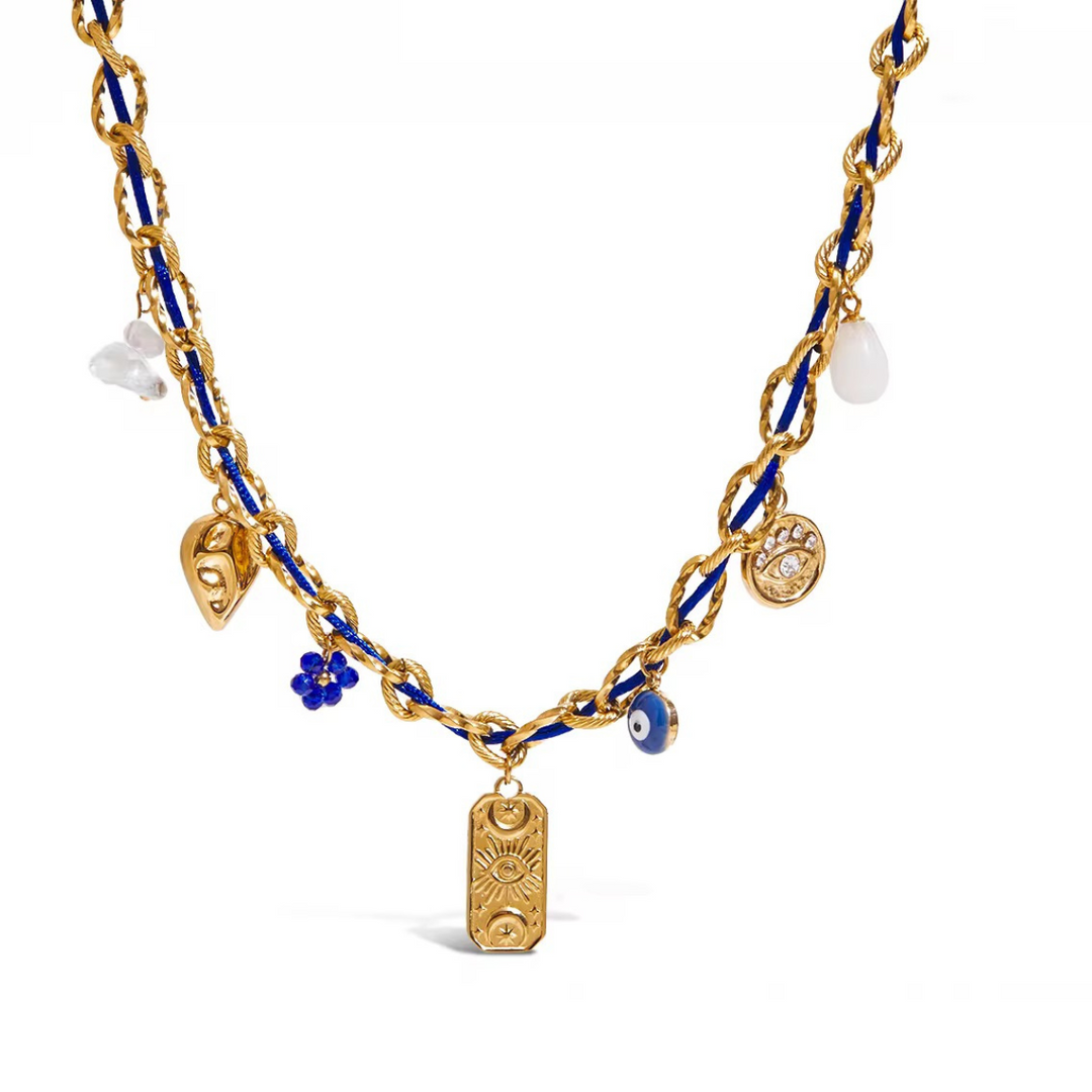 Inaya Modern Festive 18KT Gold Plated Cord Chain & Threaded Evil Eye Necklace, Nazar