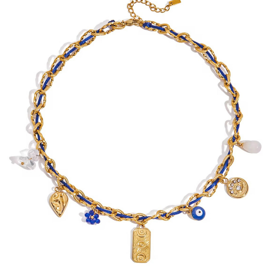 Inaya Modern Festive 18KT Gold Plated Cord Chain & Threaded Evil Eye Necklace, Nazar