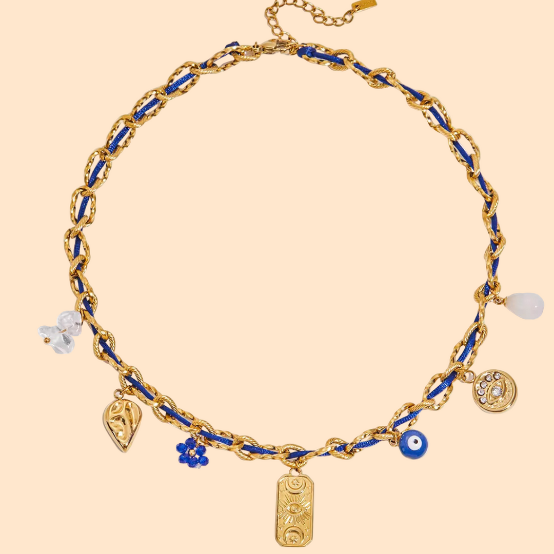 Inaya Modern Festive 18KT Gold Plated Cord Chain & Threaded Evil Eye Necklace, Nazar