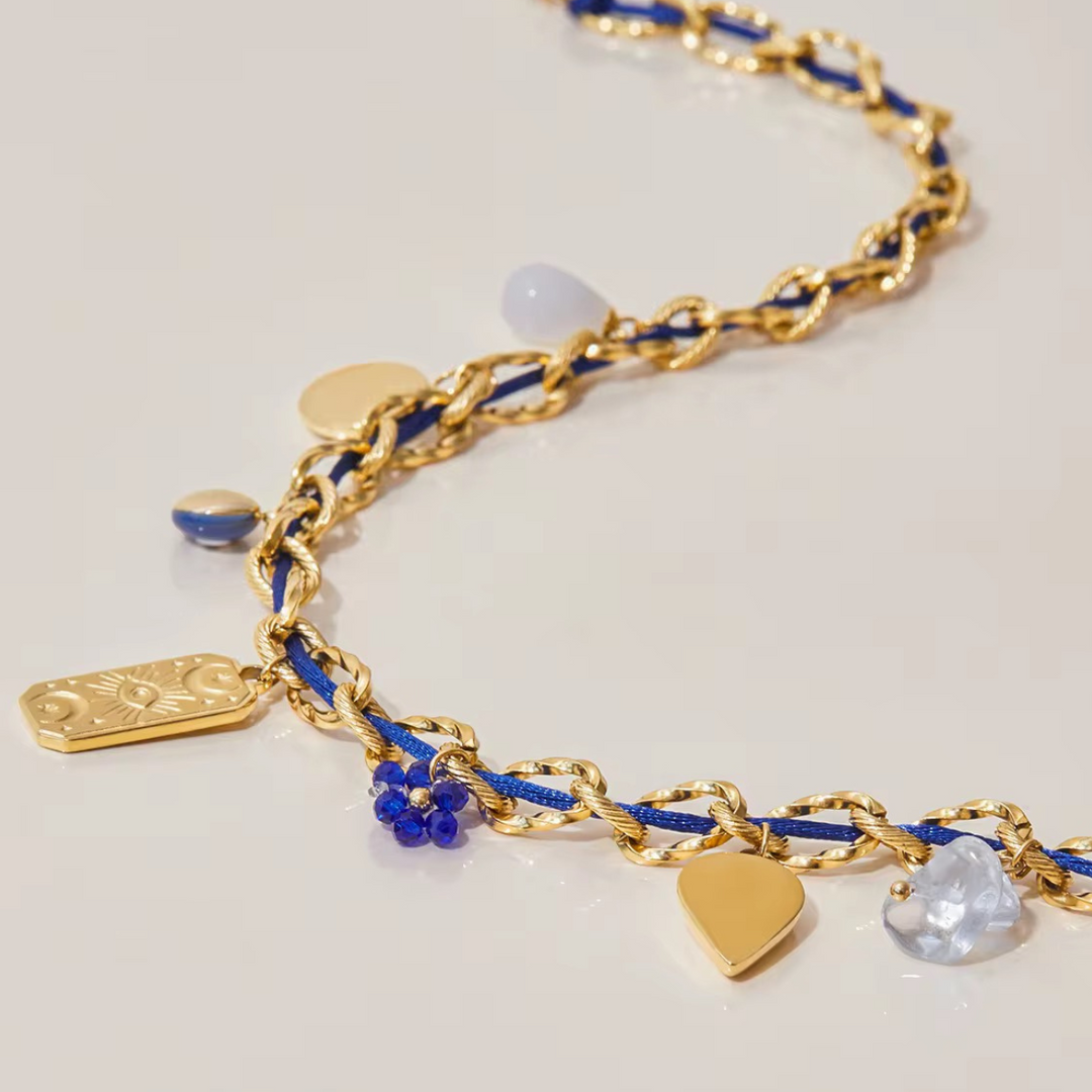 Inaya Modern Festive 18KT Gold Plated Cord Chain & Threaded Evil Eye Necklace, Nazar