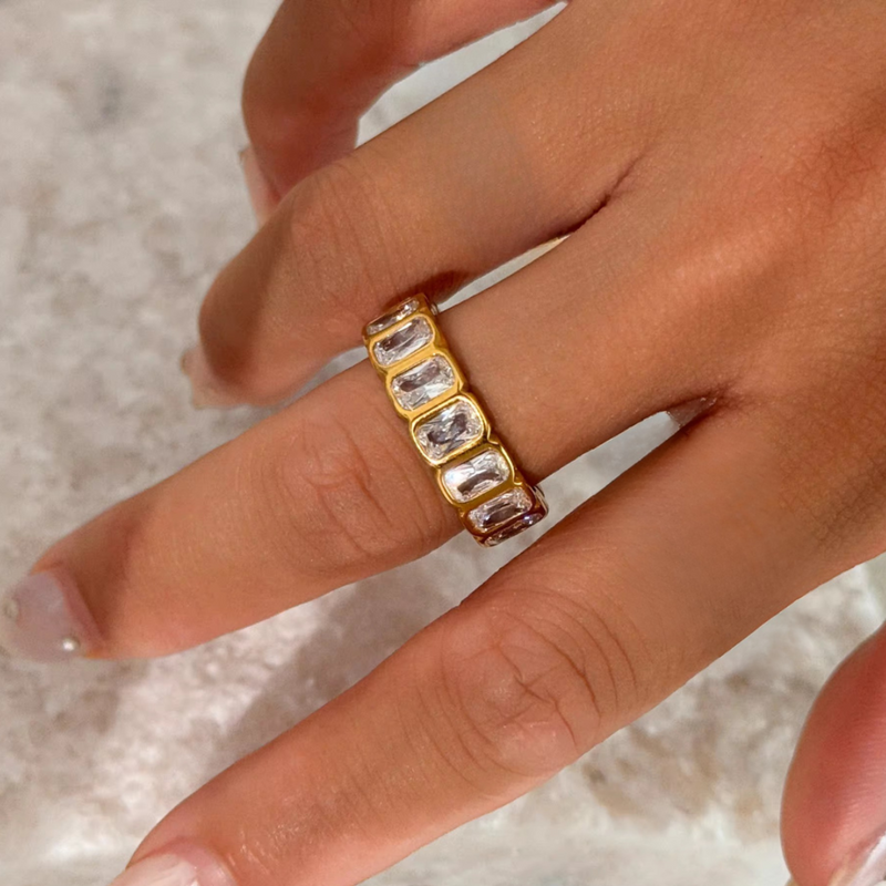 Inaya Modern Festive 18KT Gold Plated Rectangle White Zircon Bezel Finger Ring, Niya