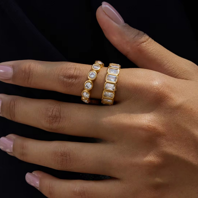 Inaya Modern Festive 18KT Gold Plated Rectangle White Zircon Bezel Finger Ring, Niya