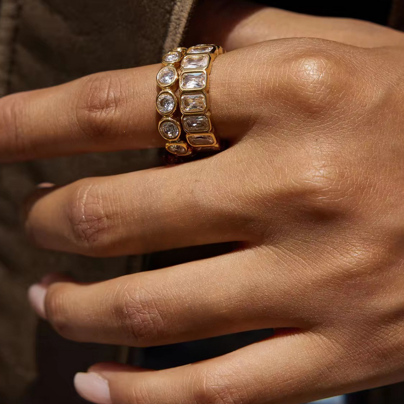 Inaya Modern Festive 18KT Gold Plated Rectangle White Zircon Bezel Finger Ring, Niya