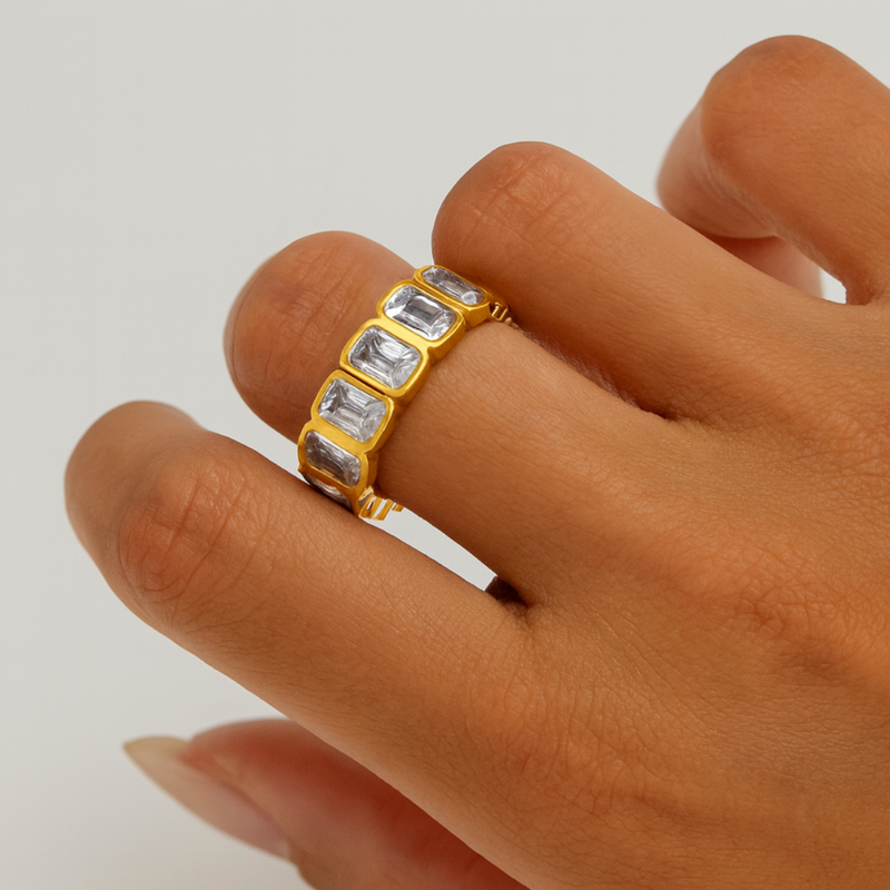 Inaya Modern Festive 18KT Gold Plated Rectangle White Zircon Bezel Finger Ring, Niya