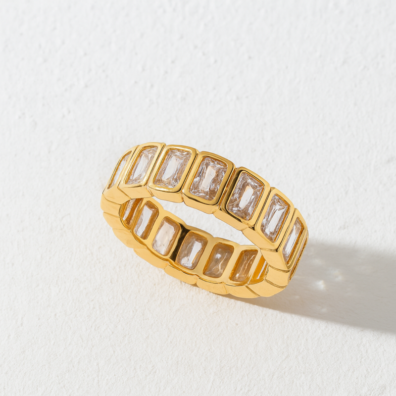 Inaya Modern Festive 18KT Gold Plated Rectangle White Zircon Bezel Finger Ring, Niya