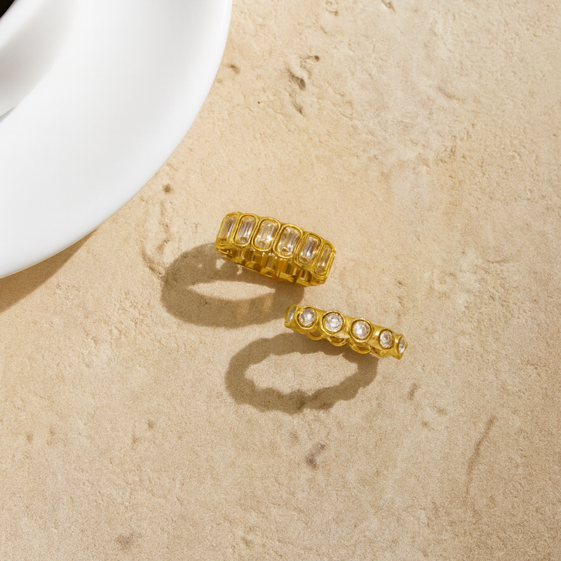 Inaya Modern Festive 18KT Gold Plated Rectangle White Zircon Bezel Finger Ring, Niya