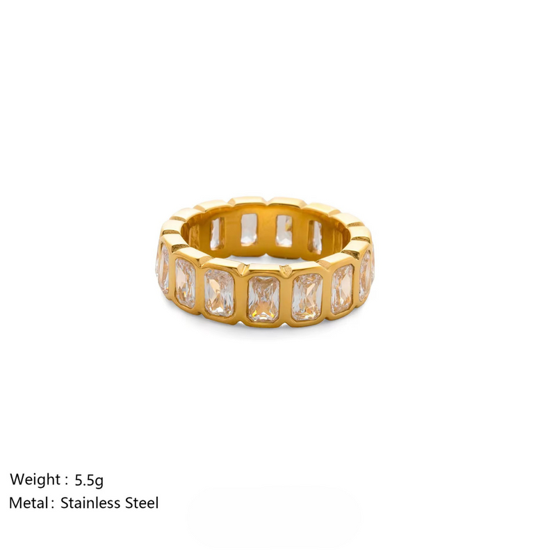 Inaya Modern Festive 18KT Gold Plated Rectangle White Zircon Bezel Finger Ring, Niya
