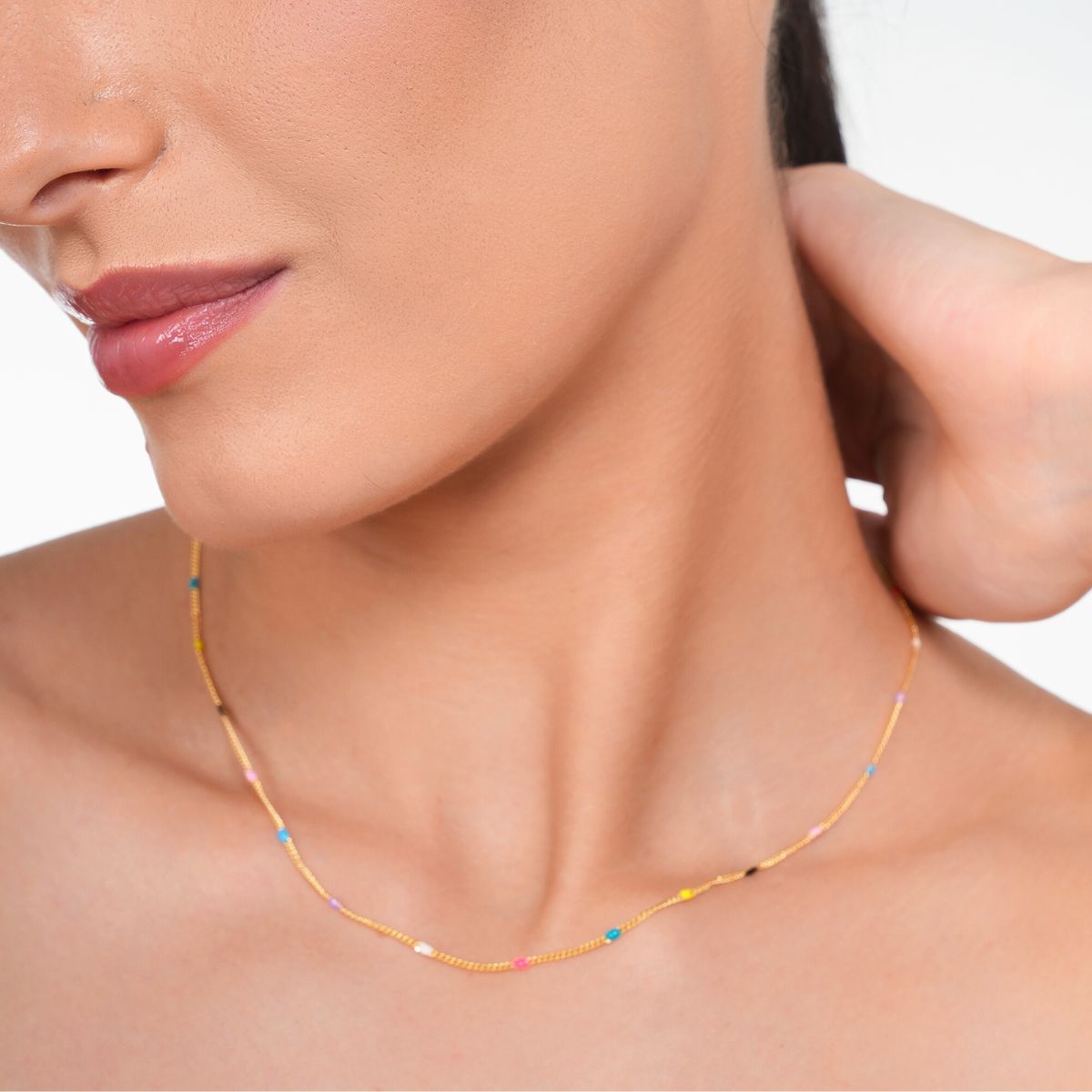 18 kt gold plated stainless steel dainty multicolour rolo flat bead necklace, noa