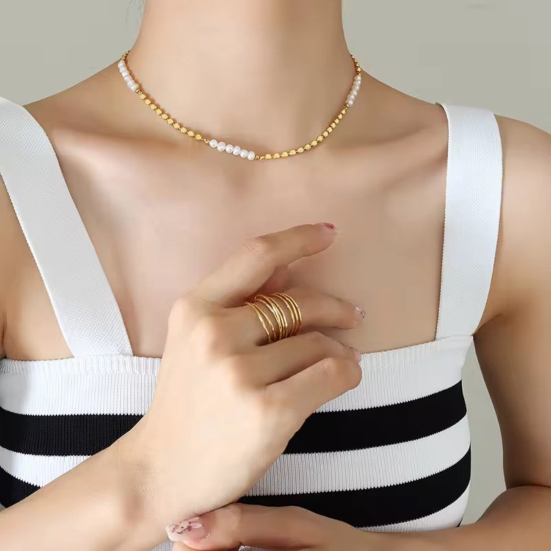 Inaya Modern Festive 18KT Gold Plated Modern Natural Freshwater Pearl Clavicle Chain, Noelle