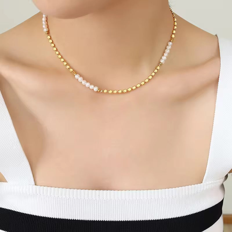 Inaya Modern Festive 18KT Gold Plated Modern Natural Freshwater Pearl Clavicle Chain, Noelle