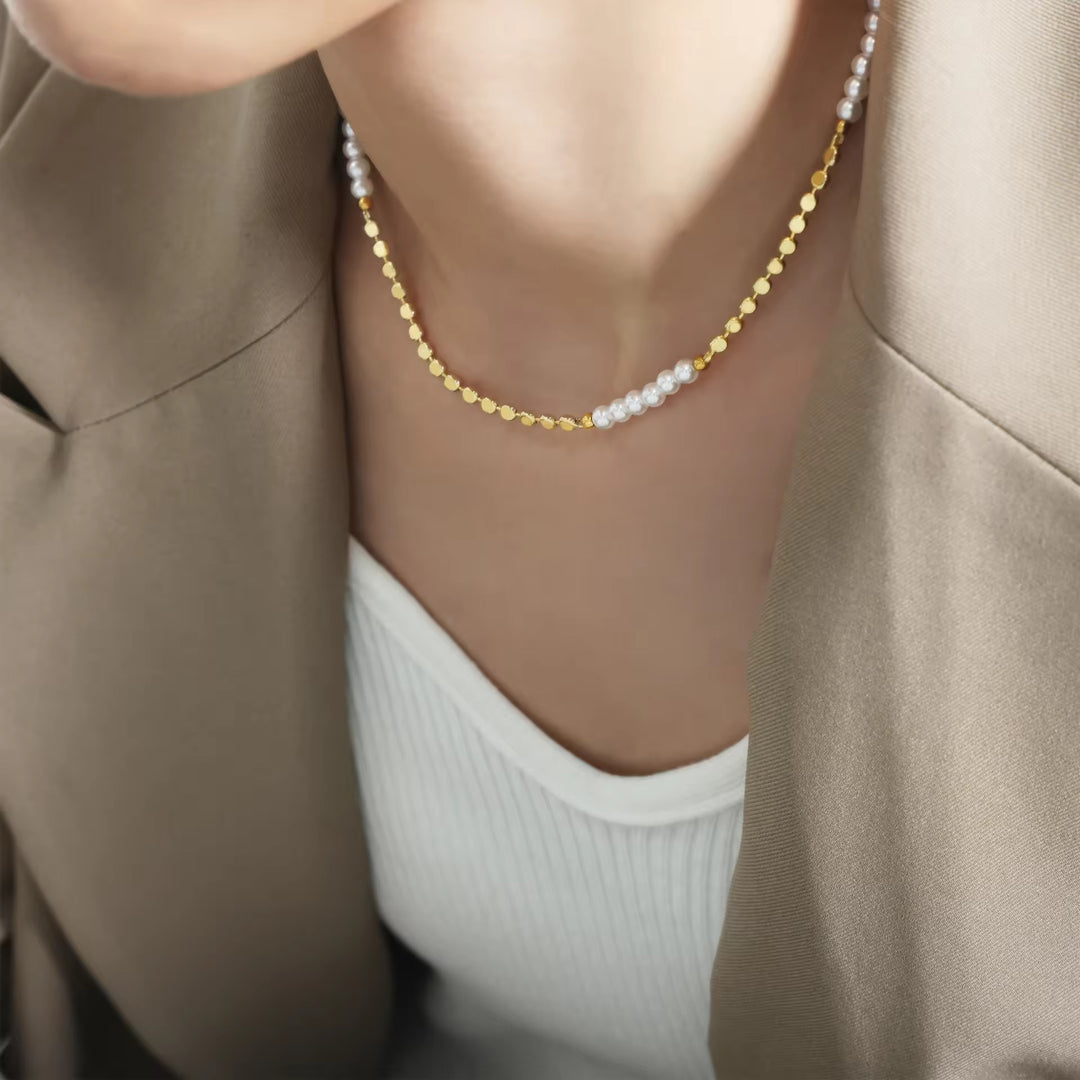Inaya Modern Festive 18KT Gold Plated Modern Natural Freshwater Pearl Clavicle Chain, Noelle