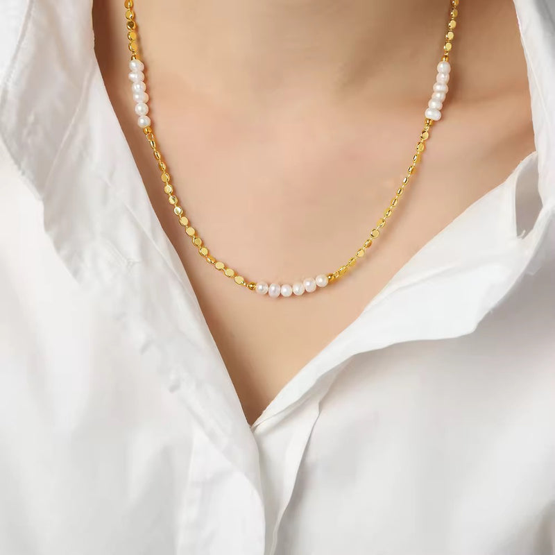 Inaya Modern Festive 18KT Gold Plated Modern Natural Freshwater Pearl Clavicle Chain, Noelle